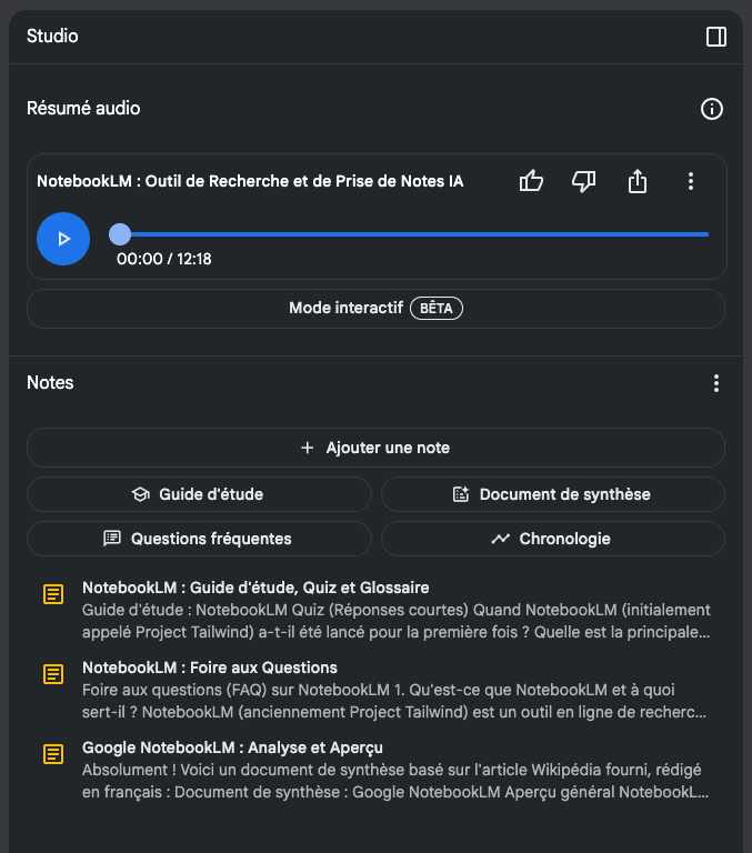 Studio tab of NotebookLM